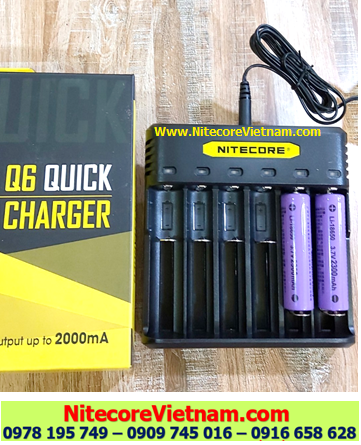 Nitecore Q6 (Bộ sạc 06 Khe Sạc kèm sẳn 02 pin SẠC 18650 WASING 2300mAh đầu lồi lithium 3.7v) chính hãng